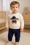 2 Pcs Blue Bear Embroidery Baby sweatshirt & Trouser Set - Soft Fleece Stuff, Machine Washable - Perfect for Winter, Perfect for Outdoor TS6419Q
