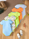 5pcs Adorable Baby Boy's Cotton Romper Set - Cute Animal Patterns & Stripes, Machine Washable, Summer-Ready with Round Neckline - Vibrant Colors, Baby Boy Clothes, Perfect for Outdoor BS6098J