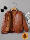 Cozy & Stylish Fleece-Lined Leather Jacket - Warm Brown Zip-Up with Faux Fur Trim, Long Sleeve, High Quality Outerwear for Winter & Fall HJ6210D