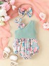 Adorable Summer Floral One-Shoulder Romper with Matching Bow Headband for Baby Girls - Soft Cotton Blend, Machine Washable, Perfect for Outdoor BS6101D