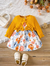 Toddler Baby Girls Casual Cute 2pcs Outfit, Floral Print Bow Sleeveless Dress & Ribbed Cardigan Outdoor Set FD6102E