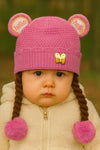 Pink Girls Cute Warm Knit Embroidered Winter Cap With Braids (6 Months -3 Years) CP5100D