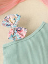 Adorable Summer Floral One-Shoulder Romper with Matching Bow Headband for Baby Girls - Soft Cotton Blend, Machine Washable, Perfect for Outdoor BS6101D
