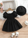 Girls' Black New Summer Bubble Sleeve Plain Color Dress with Cute Hat Two-piece Set Princess Dress FD6111C