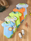 5pcs Adorable Baby Boy's Cotton Romper Set - Cute Animal Patterns & Stripes, Machine Washable, Summer-Ready with Round Neckline - Vibrant Colors, Baby Boy Clothes, Perfect for Outdoor BS6098J