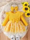 Toddler Girls' Ribbed Long Sleeve Dress with Bowknot and Floral Print Tulle Skirt, Spring/Autumn Knit Fabric, Regular Fit, Cute Style FD6104E