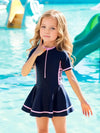 Girls Preppy Swimsuit 1-piece Quick-drying Short Sleeve Sporty Swimsuit With Slip Shorts SWM6158