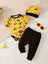 Casual Three-piece Set: Yellow Short-sleeved Cartoon Dinosaur Printed Shirt, Versatile Black Pants, and Colorful Cute Hat BS6140H