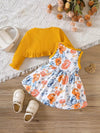 Toddler Baby Girls Casual Cute 2pcs Outfit, Floral Print Bow Sleeveless Dress & Ribbed Cardigan Outdoor Set FD6102E