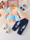 A Young Girl'S Round-Neck Long-Sleeve Top Paired with Print Faux Denim Pants, for Outdoor FD6402A