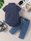 2pcs Baby Boys Plaid Short-Sleeve Bodysuit With Casual Denim Pants Set, Spring/Summer Toddler Gentleman Outfit, Outdoor Cloth SD6106F