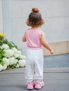 Girls' Sleeveless Vest and Pants Set - Cute Pink and White Geometric Pattern, Crew Neck, Stretchy Polyester Blend, Regular Fit, Summer Outfit for Youngsters, for Outdoor FD6124A