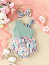 Adorable Summer Floral One-Shoulder Romper with Matching Bow Headband for Baby Girls - Soft Cotton Blend, Machine Washable, Perfect for Outdoor BS6101D