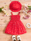 Two-piece Set for Girls, Summer Love Print Sleeveless Wrap Dress with Suspenders + Hat FD6111I