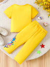 2pcs Unicorn Print Kids' Casual Outfit - Short Sleeve T-Shirt & Pants Set with Rainbow Manes, Stars & Hearts Design for Spring/Summer, Casual Wear|Playful Print|Stretchy Fabric, for Outdoor FD6125A