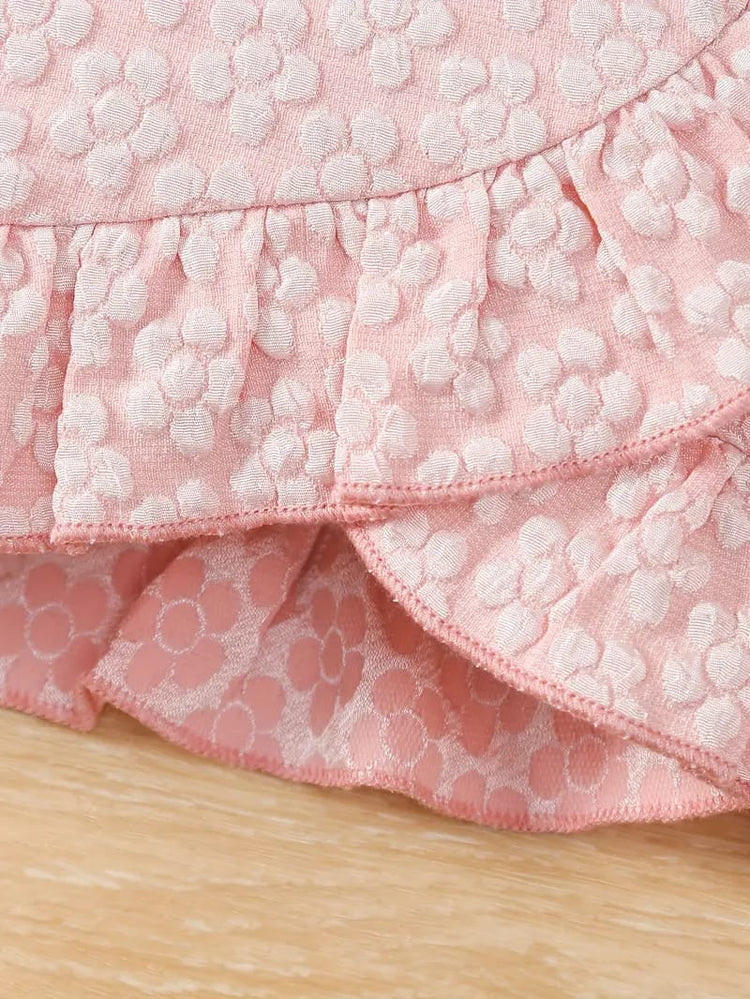 2pcs Pink Short Sleeve Round Neck Ruffle Textured Fabric + Butterfly Embroidery Mesh Skirt FD6121D