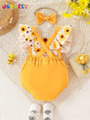 Girls' Casual Cute Floral Print Random Pattern Lace Trim Bowknot Romper with Water Lily Edge, Summer Includes Hair Accessory, Perfect for Outdoor BS6140A