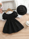 Girls' Black New Summer Bubble Sleeve Plain Color Dress with Cute Hat Two-piece Set Princess Dress FD6111C
