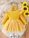 Toddler Girls' Ribbed Long Sleeve Dress with Bowknot and Floral Print Tulle Skirt, Spring/Autumn Knit Fabric, Regular Fit, Cute Style FD6104E