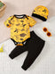 Casual Three-piece Set: Yellow Short-sleeved Cartoon Dinosaur Printed Shirt, Versatile Black Pants, and Colorful Cute Hat BS6140H