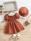 Girls' Brown New Summer Bubble Sleeve Plain Color Dress with Cute Hat Two-piece Set Princess Dress FD6111G