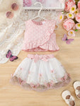2pcs Pink Short Sleeve Round Neck Ruffle Textured Fabric + Butterfly Embroidery Mesh Skirt FD6121D
