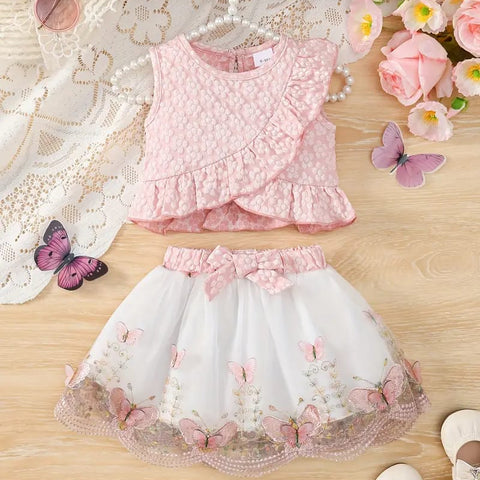 2pcs Pink Short Sleeve Round Neck Ruffle Textured Fabric + Butterfly Embroidery Mesh Skirt FD6121D