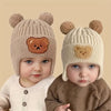 Winter Bear Knit Hat with Double Ball Pom-Poms - Soft Warm Ear Flaps, Mixed Colors Cozy Unisex Cap, Fits 1-3 Years Old Children CP5104C
