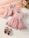 2pcs Baby's Elegant Butterfly Embroidery Mesh Splicing Dress + Ruffled Flower Jacquard Cardigan + Headwear, Toddler & Infant Girl's Clothing Outdoor Set For Spring Fall FD6102B