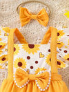 Girls' Casual Cute Floral Print Random Pattern Lace Trim Bowknot Romper with Water Lily Edge, Summer Includes Hair Accessory, Perfect for Outdoor BS6140A