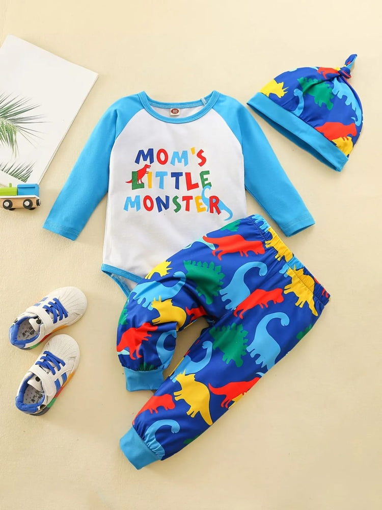 Boys' 3pcs Set: 'Mom's Little Monster' Long Sleeve Onesie, Dinosaur Print Pants & Stylish Hat - Perfect for Spring/Fall BS6044