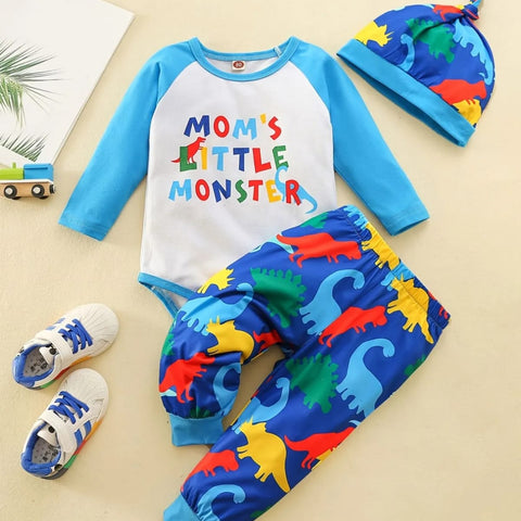 Boys' 3pcs Set: 'Mom's Little Monster' Long Sleeve Onesie, Dinosaur Print Pants & Stylish Hat - Perfect for Spring/Fall BS6044