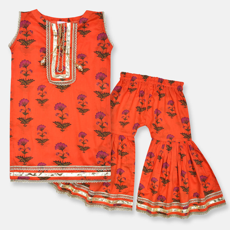 JF Orange Printed Girls Dress 2 Pieces Set FD6015