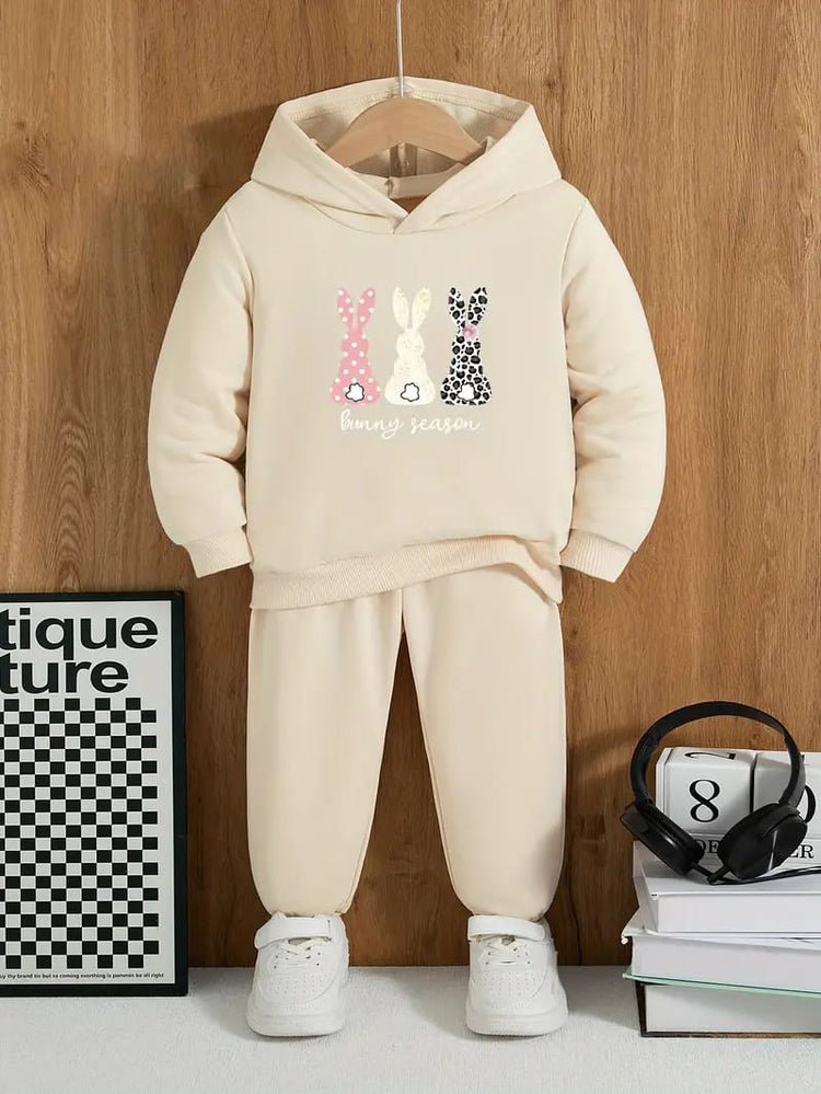 Apricot Girls' 2pcs Fashion Set: Cartoon Print Hoodie & Joggers - Casual Sportswear for Winter/Fall TS6034