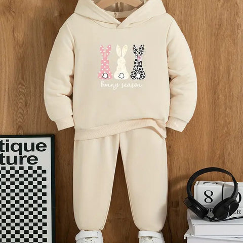 Apricot Girls' 2pcs Fashion Set: Cartoon Print Hoodie & Joggers - Casual Sportswear for Winter/Fall TS6034