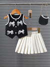 2pcs/set Youngsters' Bowknot Button Round Neck Black Sleeveless Vest and Pleated Skirt Knit Set for Commuting, School, Casual, Vacation, Sports, Party, Spring and Summer FD6121B
