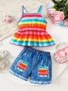 Girls' Rainbow Striped Suspenders Top and Imitation Denim Shorts Set, Perfect for Outdoor FD6124D