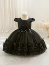 Baby's Elegant Flower Applique Tulle Princess Dress, Puff Sleeve Lace Gown, Toddler Girl's Clothing For Formal Occasion/Birthday Party/Photography/Banquet FD6125H