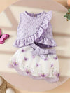 2pcs of Sweet Casual Sleeveless Ruffled Short Fashion Tops + Mesh Embroidery Wave Skirt Suits Summer Thin And Beautiful Girls Skirt Suits, for Outdoor FD6126F