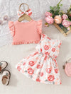 Charming Girls' Summer Ensemble: Sleeveless Floral Print Dress with Ruffle Sleeves & Bow Headband, Perfect for Outdoor FD6109A