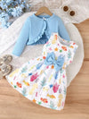 Cute Two-Piece Spring/Fall Outfit: Long Sleeve Crew Neck Top with Ruffled Edges and Floral Print Dress with Bow Set FD6111D
