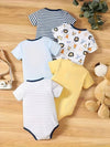 5pcs Baby Boys Cartoon Lion And Stripe Pattern Jumpsuits, Short Sleeves 100% Cotton Comfortable Summer Bodysuits, For Outdoor BS6098I