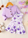 Girls' 2pcs Spring/Fall Outfit Set, Casual Crew Neck Long Sleeve Top with Solid Color Block & Floral Printed Skirt FD6146F