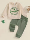 Boys' Cotton Suit Apricot Top with Print Round Neck Sweatshirt Long Sleeve Green Pocket Pants Two Piece Set TS6404B