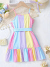 Girls' Summer Striped Sleeveless Dress with Ruffle Hem, Button Details & Belt - Colorful Pastel Stripes FD6112H