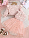 Girls' Floral Textured Long Sleeve Ruffle Cardigan and Sleeveless Tulle Dress Set FD6107B