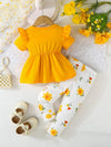 2pcs Set for Girls with Short Sleeves and Bow Top + Floral Print Pants, Perfect for Outdoor FD6125B