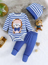 Spring/Summer Baby Lion Print Long Sleeve Onesie with Solid Pants and Striped Hat Set - Casual Knit Fabric, Polyester 95%, Spandex 5% - Round Neck BS6044C