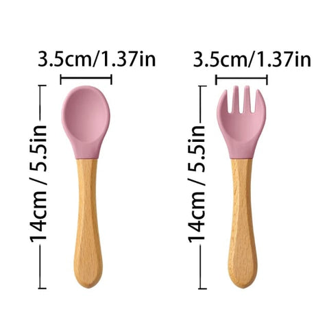 Pink Baby Spoon Fork 2 Pc Set Children's Silicone Wooden Feeding Training Set FS105D