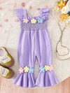 Girls' Casual Solid Color Romper with Waistband & Floral Detailing - Easy-Care Baby Jumpsuit for Everyday Play, Baby Girl Outfits, Elegant Floral Design FD6408A